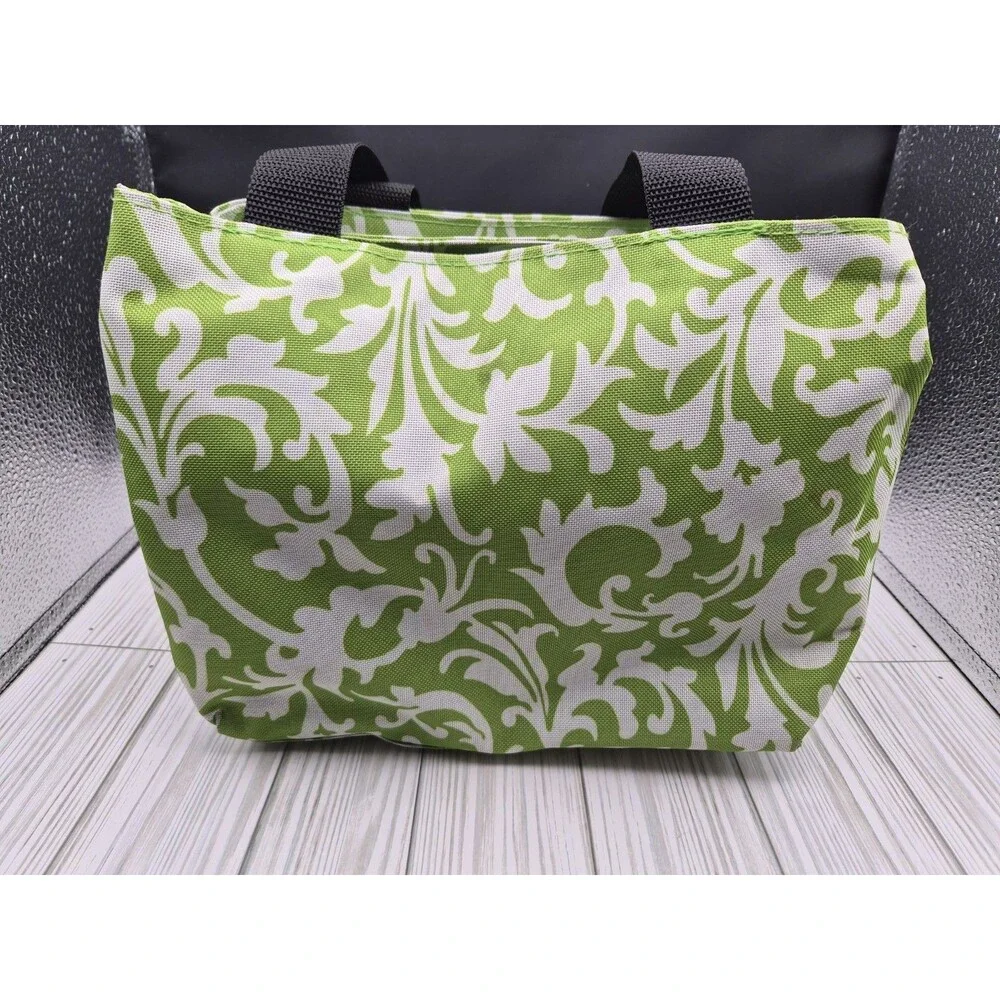 Nicole Miller Insulated Canvas Lunch Bag Green Damask Print Zippered Cooler Tote